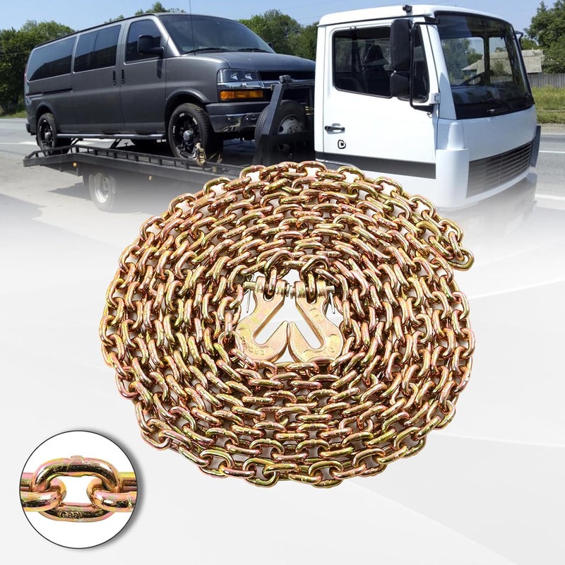 BIGREAT سلسلة ربط نقل ثقيلة G80 1/4 بوصة × 16 قدم، سلسلة سحب مع خطافات جاب G70، قدرة تحميل آمنة 3300 رطل لسلسلة النقل، السحب (1/4 بوصة × 16 قدم أصفر). - Image 3